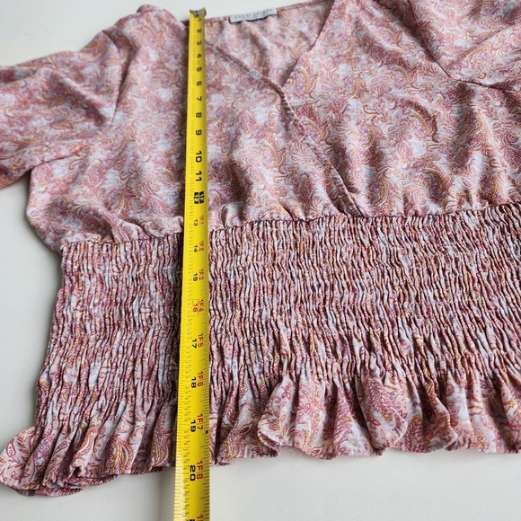 Paper Crane Puff Sleeve Smocked Top V Neck Pink Rose Summer Floral Rayon Sz L - Picture 9 of 11